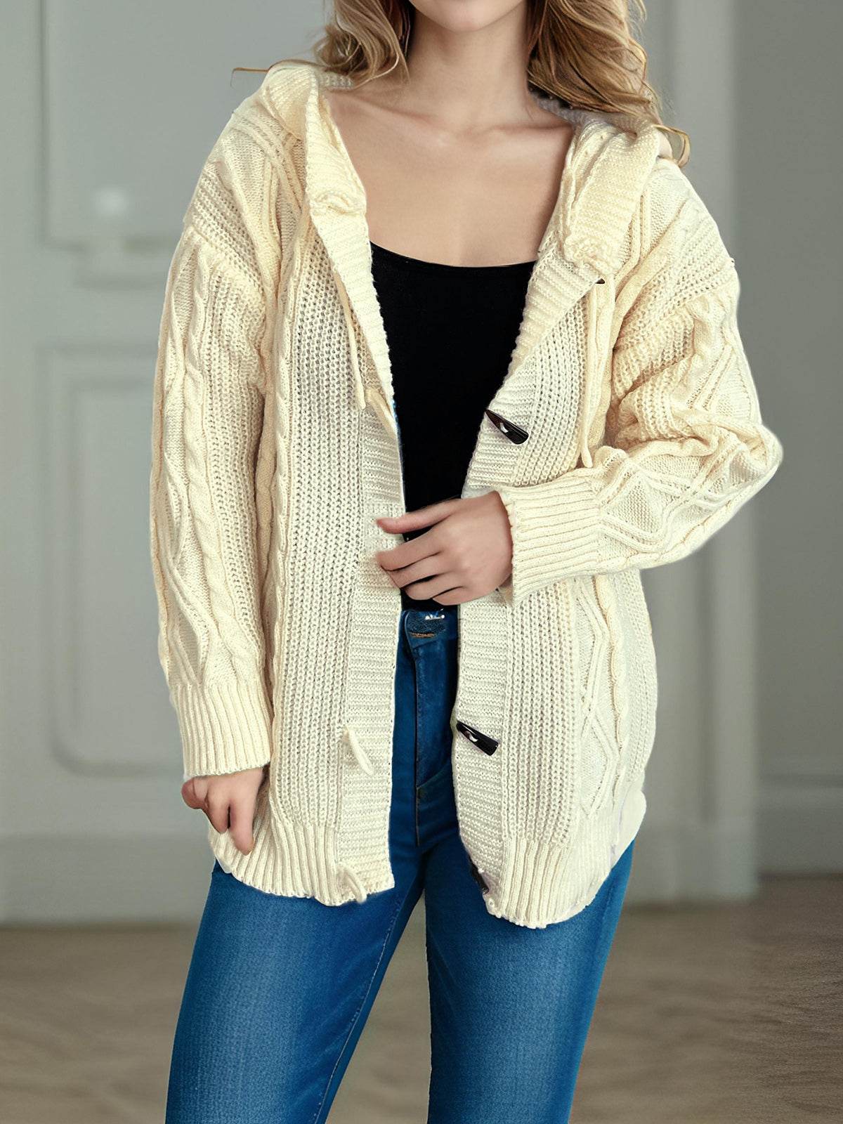 Cable-Knit Long Sleeve Hooded Cardigan - Delanoir