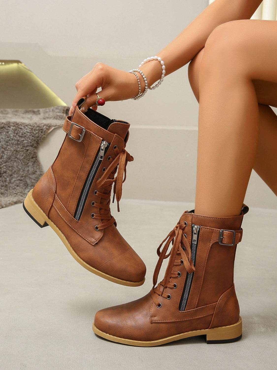 PU Leather Lace-Up Boots - Delanoir