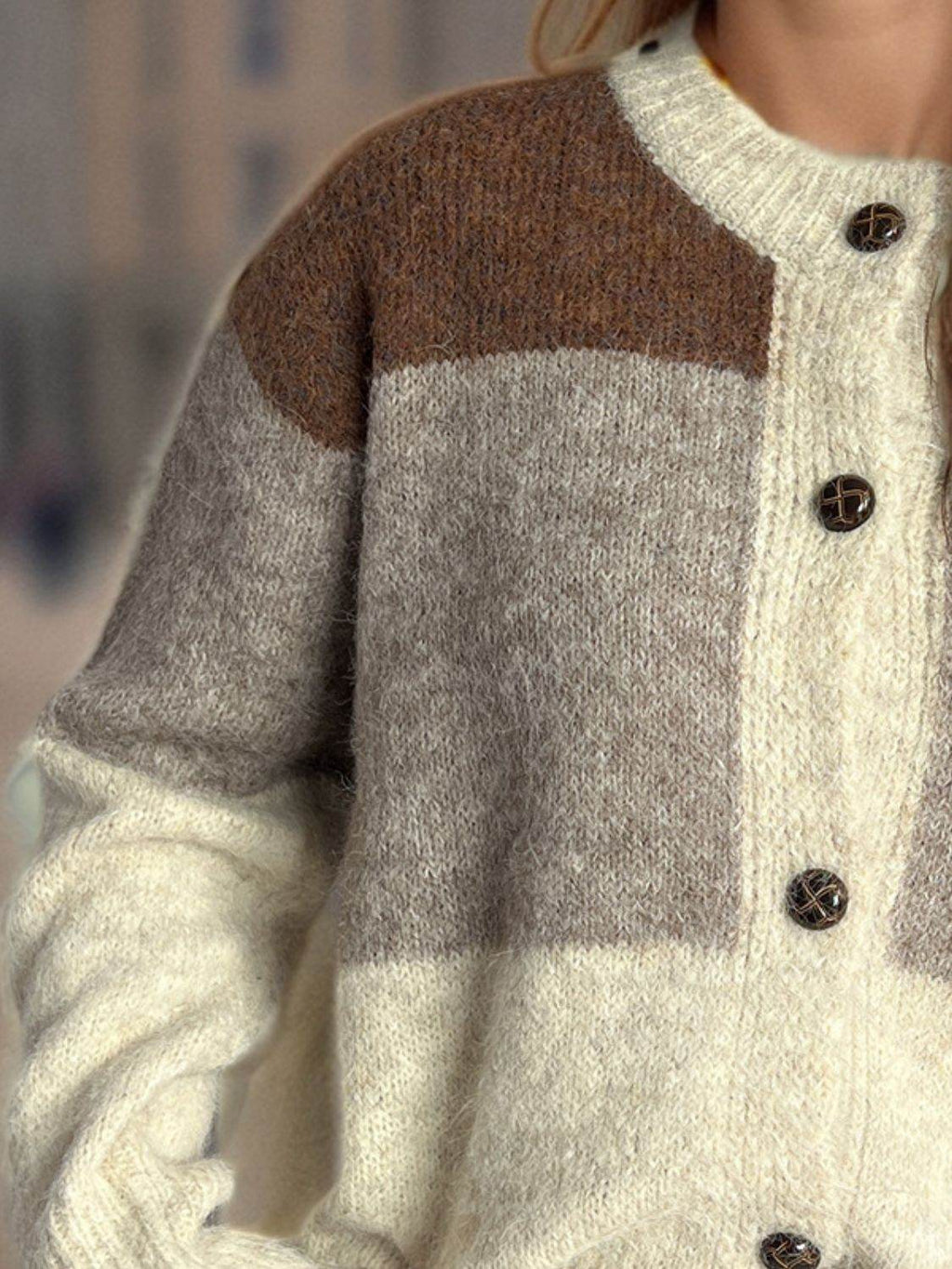 Color Block Round Neck Button Up Cardigan - Delanoir