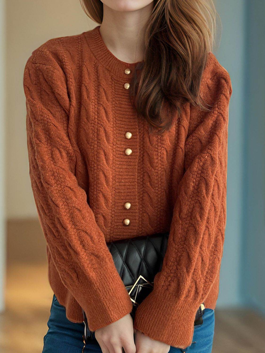 Cable-Knit Round Neck Long Sleeve Cardigan - Delanoir