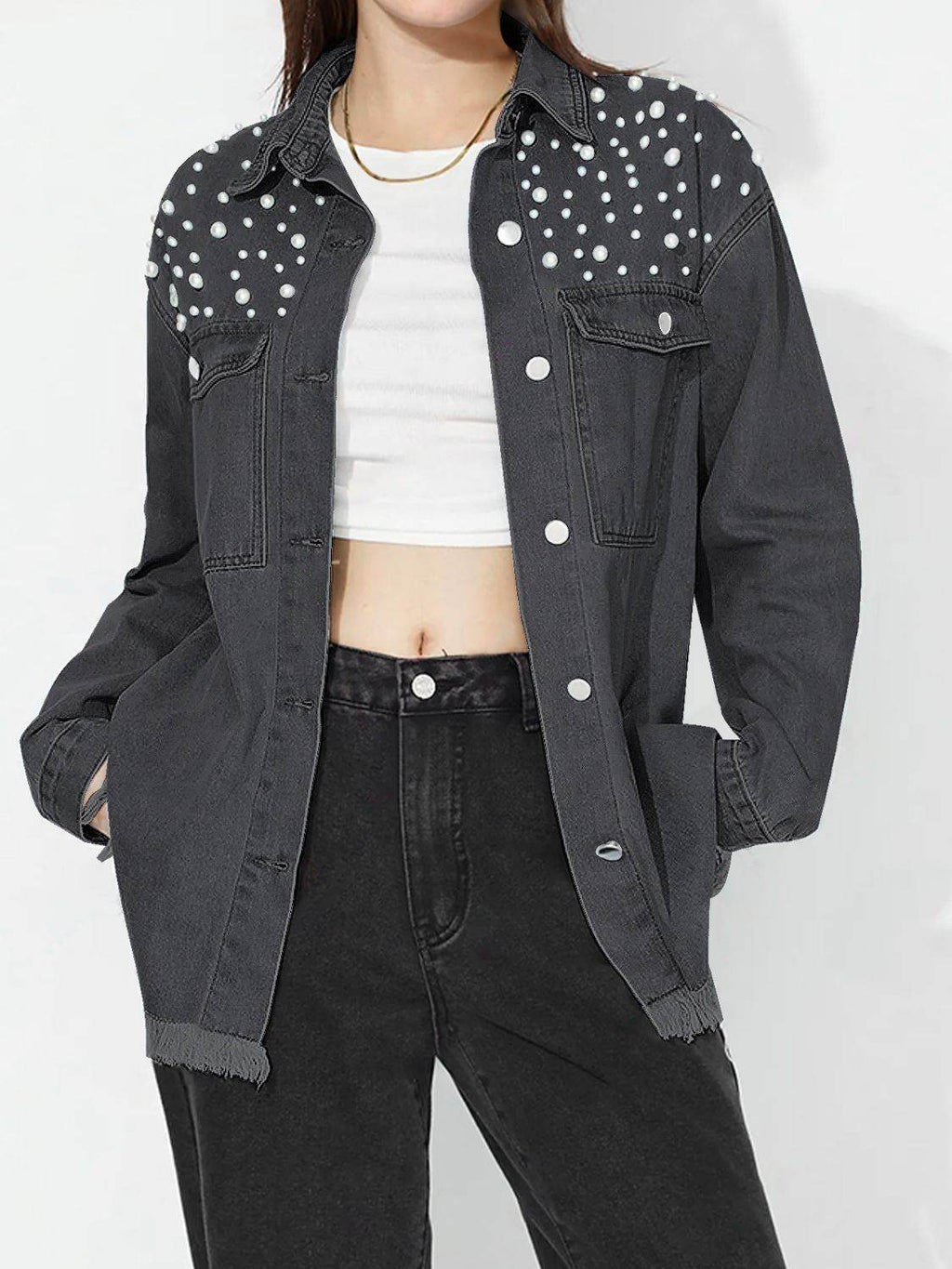 Raw Hem Pearl Trim Collared Neck Denim Top - Delanoir