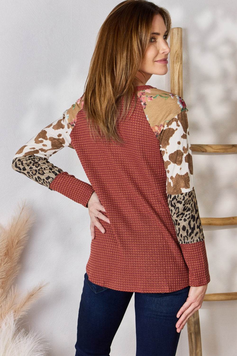 Hailey & Co Full Size Leopard Waffle-Knit Blouse - Delanoir