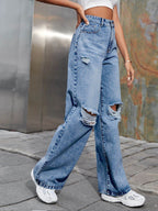 Distressed Wide Leg Jeans with Pockets - Delanoir