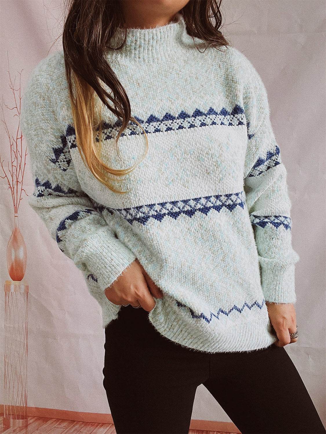 Geometric Mock Neck Dropped Shoulder Sweater - Delanoir