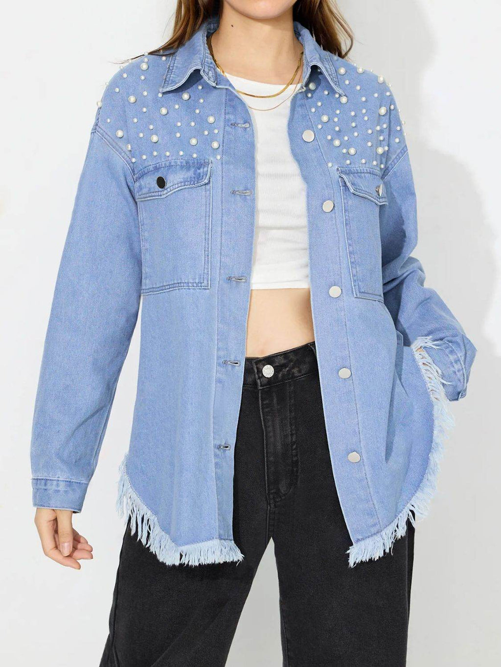 Raw Hem Pearl Trim Collared Neck Denim Top - Delanoir