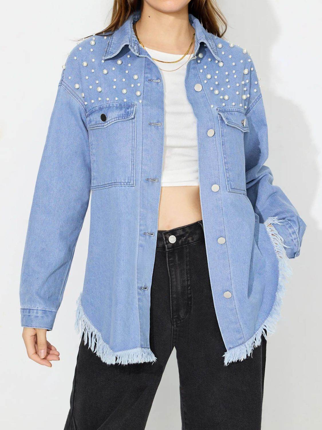 Raw Hem Pearl Trim Collared Neck Denim Top - Delanoir