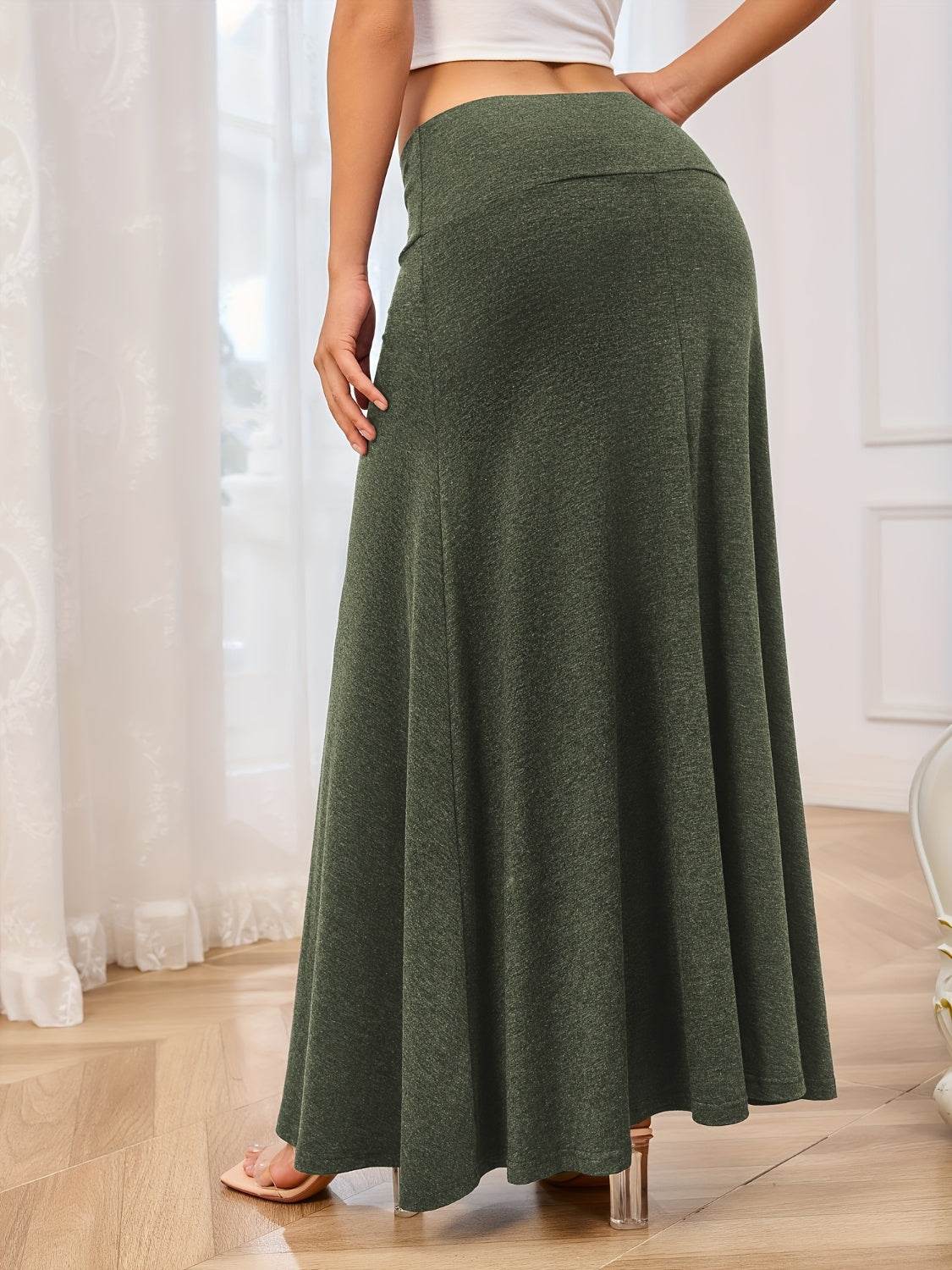 Solid Elastic Waist Maxi Skirt - Delanoir