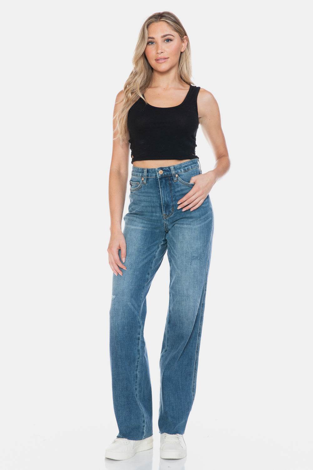 Judy Blue Full Size Tummy Control Cut Raw Hem Straight Jeans - Delanoir