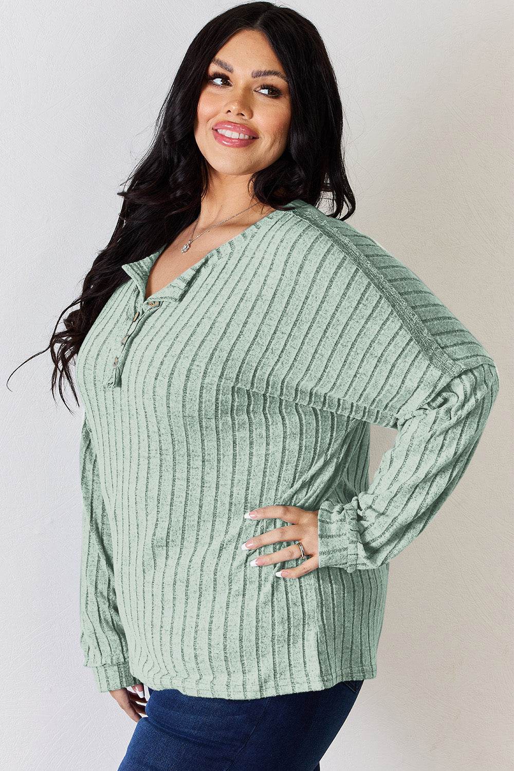 Basic Bae Full Size Ribbed Half Button Long Sleeve T-Shirt - Delanoir