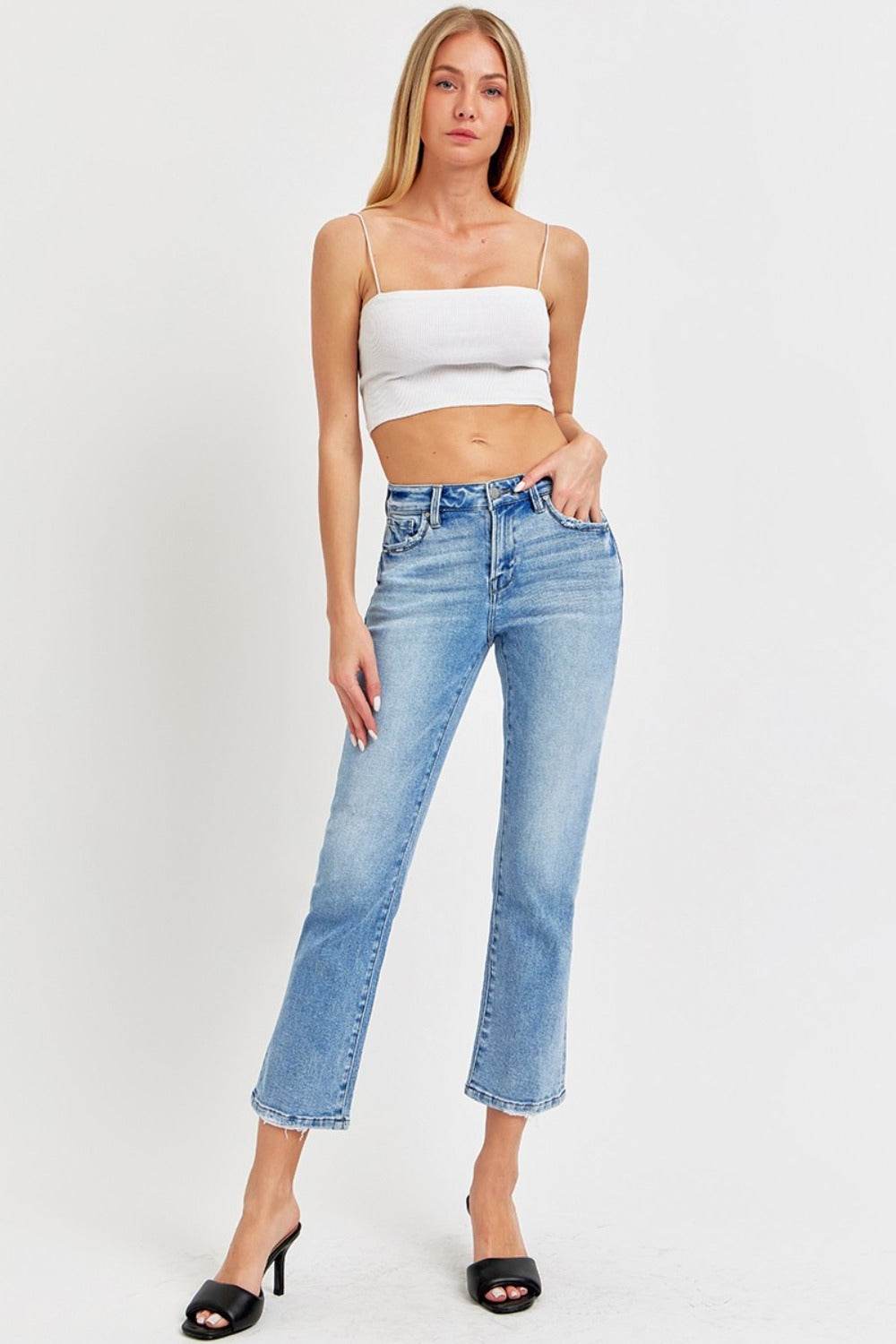 RISEN Full Size Low Rise Crop Slim Straight Jeans - Delanoir