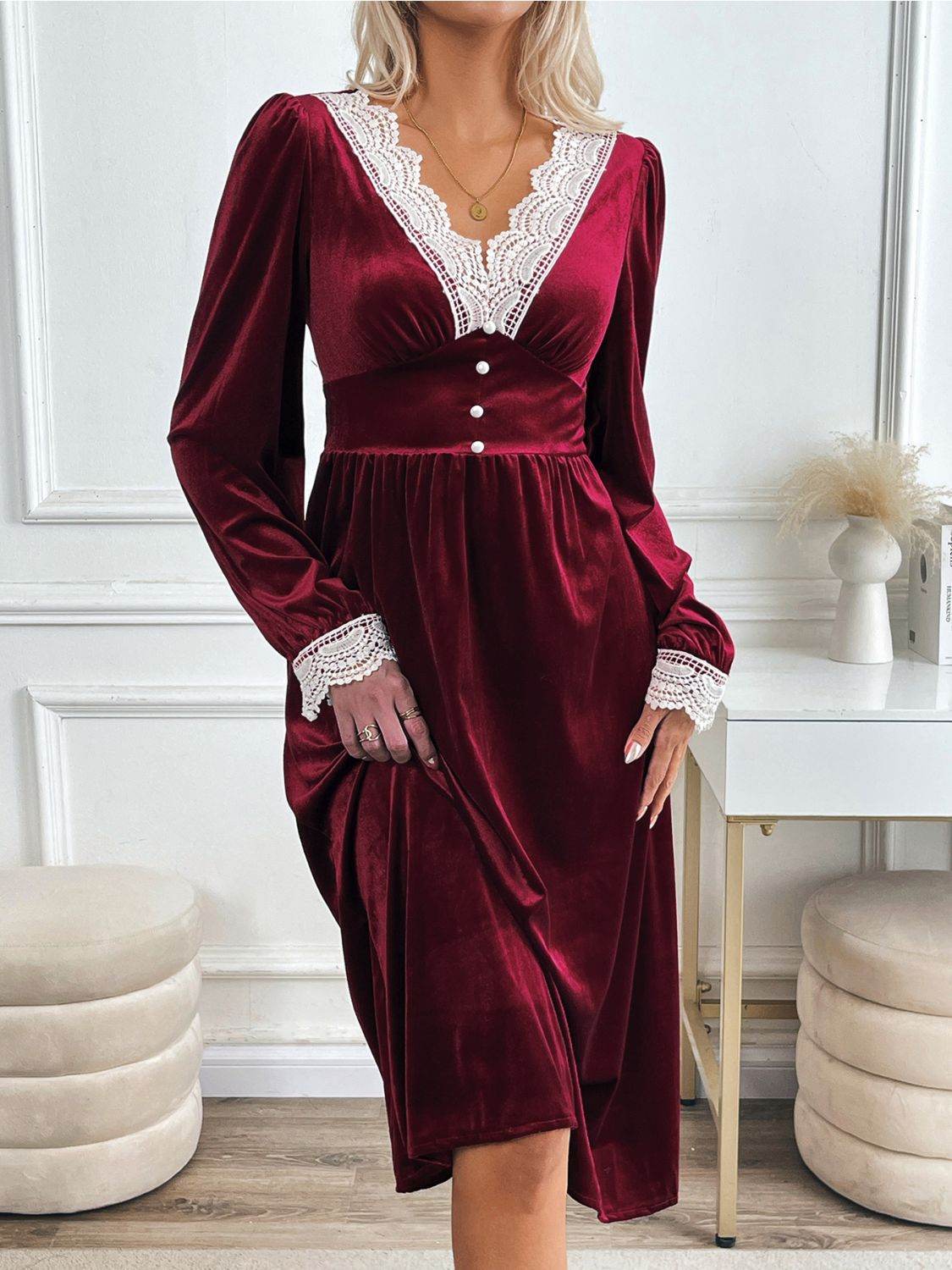 Perfee Lace Detail V-Neck Long Sleeve Midi Dress - Delanoir