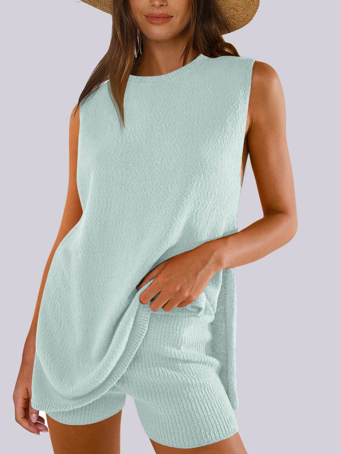 Mandy Side Slit Round Neck Tank and Shorts Sweater Set - Delanoir