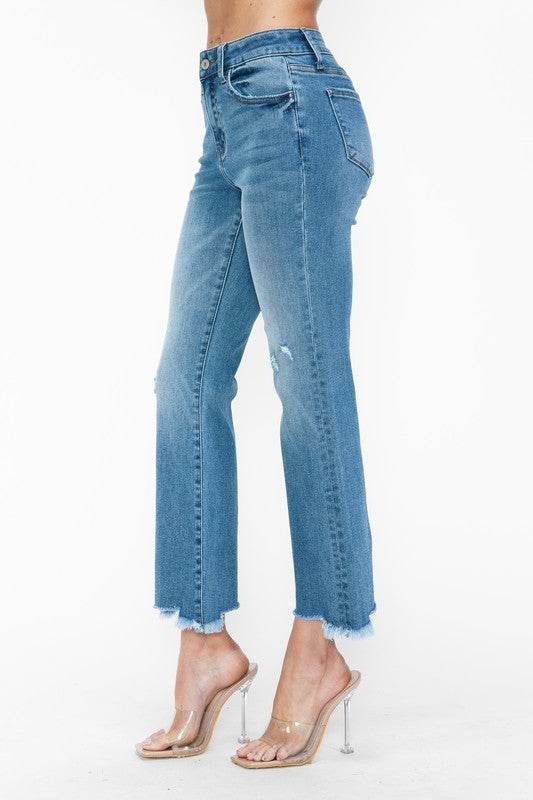 bytos Raw Hem Distressed Mid Rise Crop Jeans - Delanoir