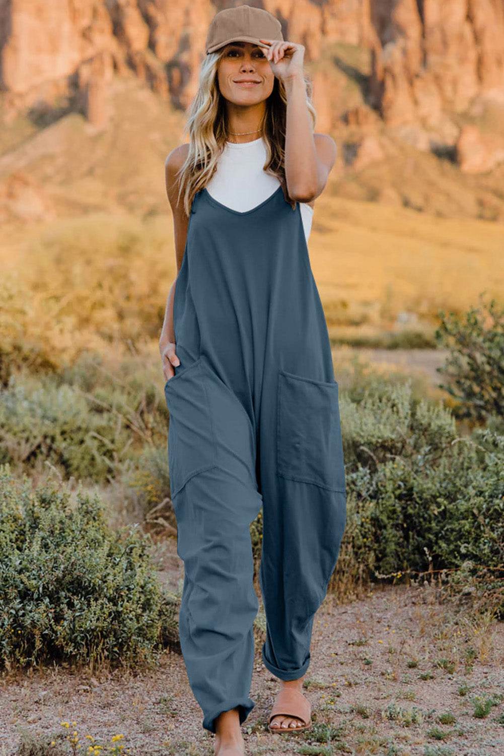 Double Take Full Size V-Neck Sleeveless Jumpsuit with Pockets - Delanoir