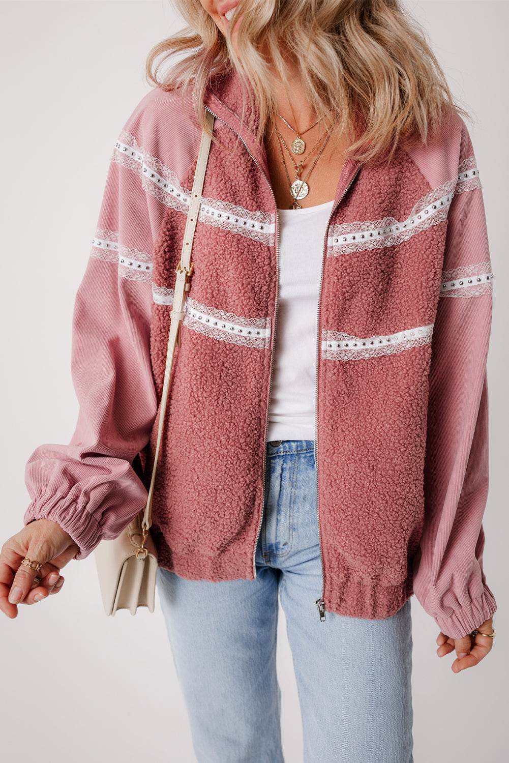 Lace Detail Zip Up Sherpa Patchwork Jacket - Delanoir