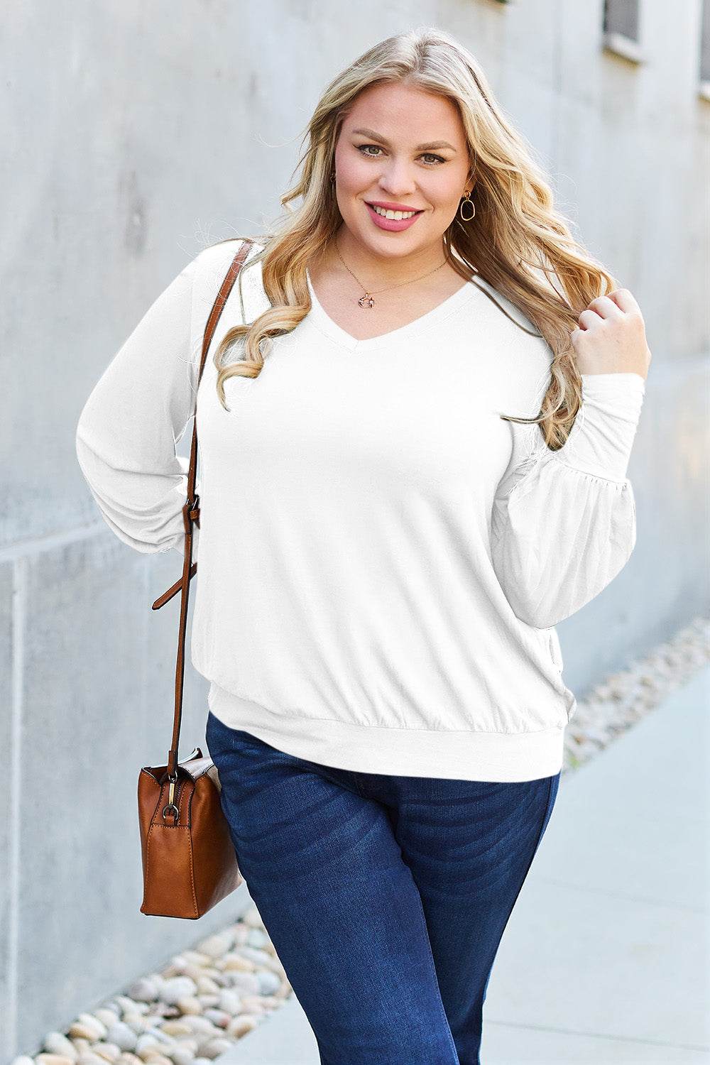 Basic Bae Full Size V-Neck Lantern Sleeve Top - Delanoir