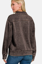 Zenana Acid Washed Half Snap Fleece Sweatshirt - Delanoir