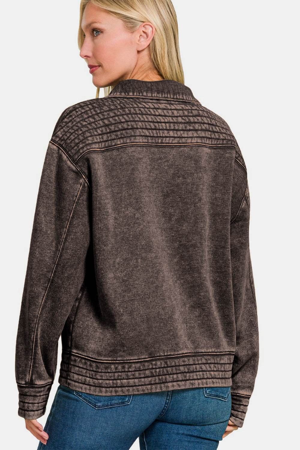 Zenana Acid Washed Half Snap Fleece Sweatshirt - Delanoir