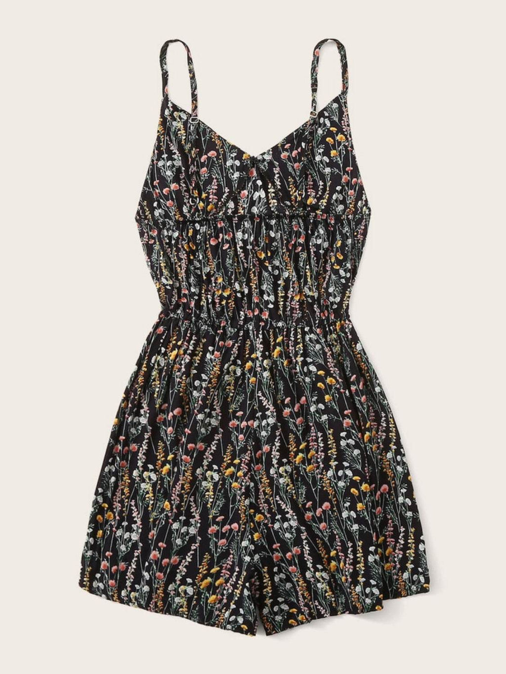 Printed V-Neck Spaghetti Strap Romper - Delanoir