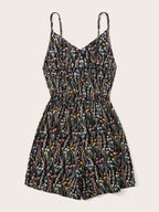 Printed V-Neck Spaghetti Strap Romper - Delanoir