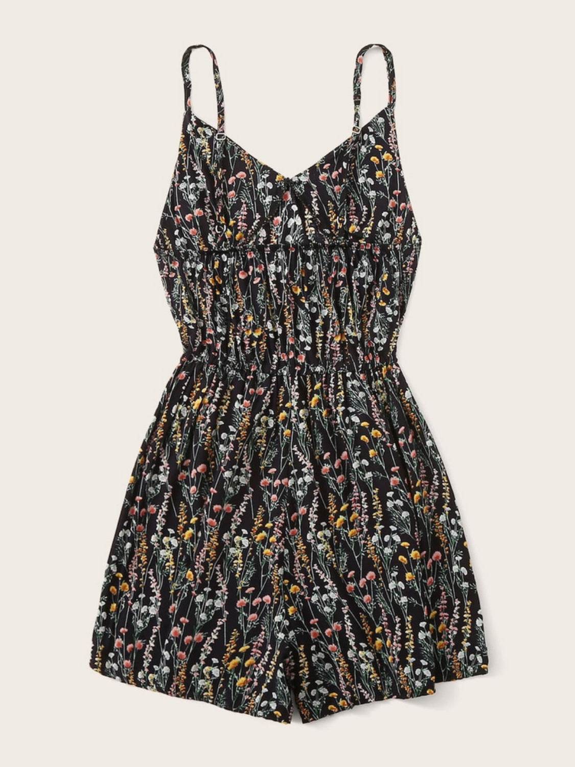 Printed V-Neck Spaghetti Strap Romper - Delanoir