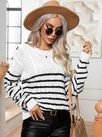 Striped Round Neck Cable-Knit Sweater - Delanoir