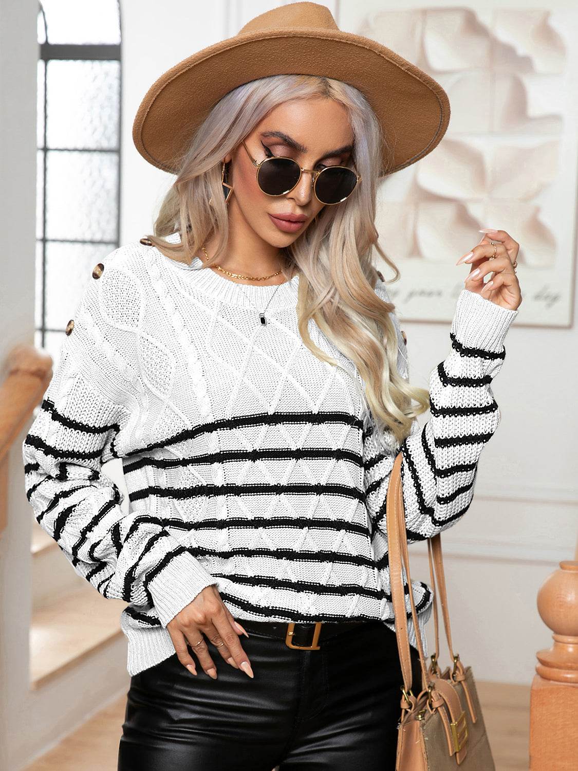 Striped Round Neck Cable-Knit Sweater - Delanoir