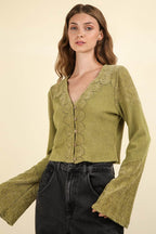 VERY J V-Neck Lace Detail Button Down Crop Ribbed Knit Top - Delanoir
