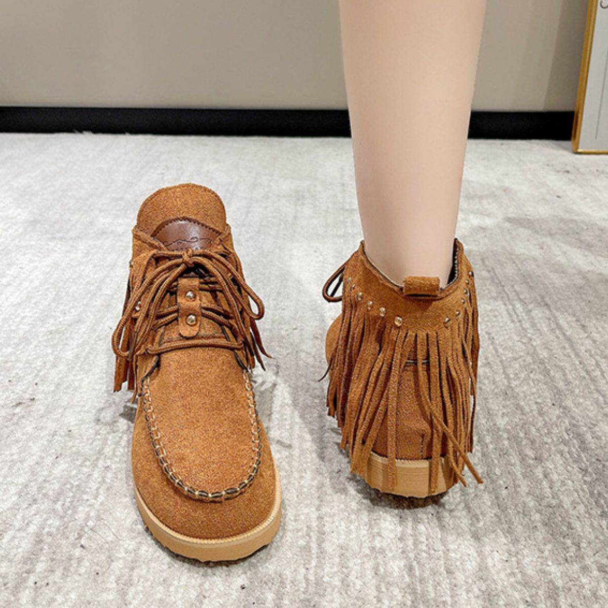 Fringe Studded Round Toe Canvas Boots - Delanoir