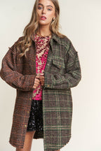 J.NNA Snap Down Tweed Plaid Contrast Longline Shacket - Delanoir