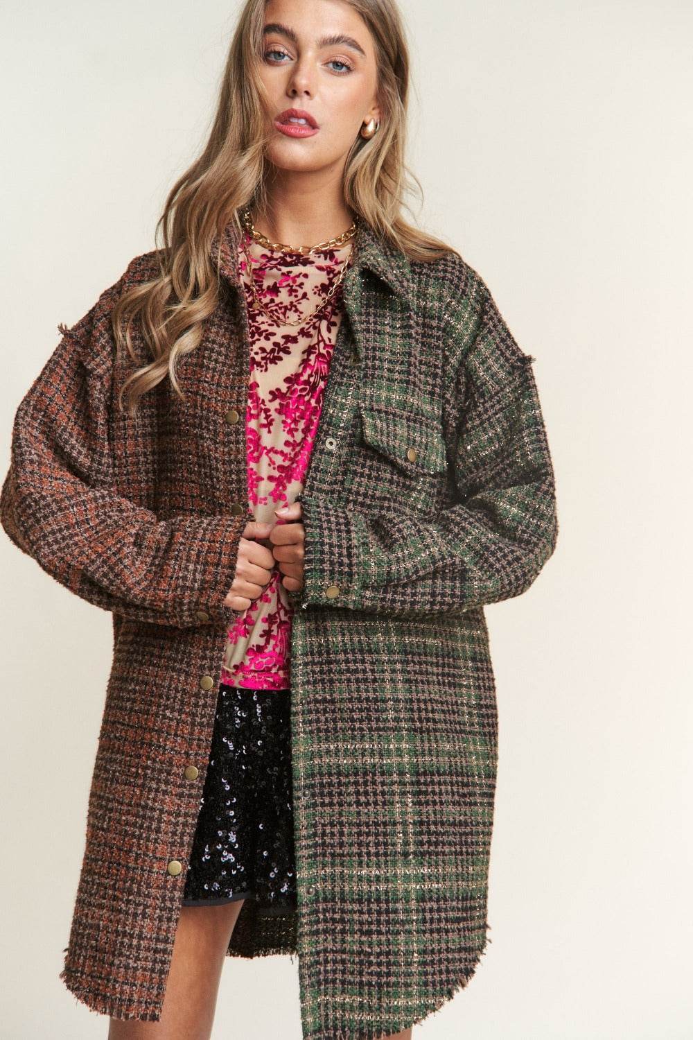 J.NNA Snap Down Tweed Plaid Contrast Longline Shacket - Delanoir