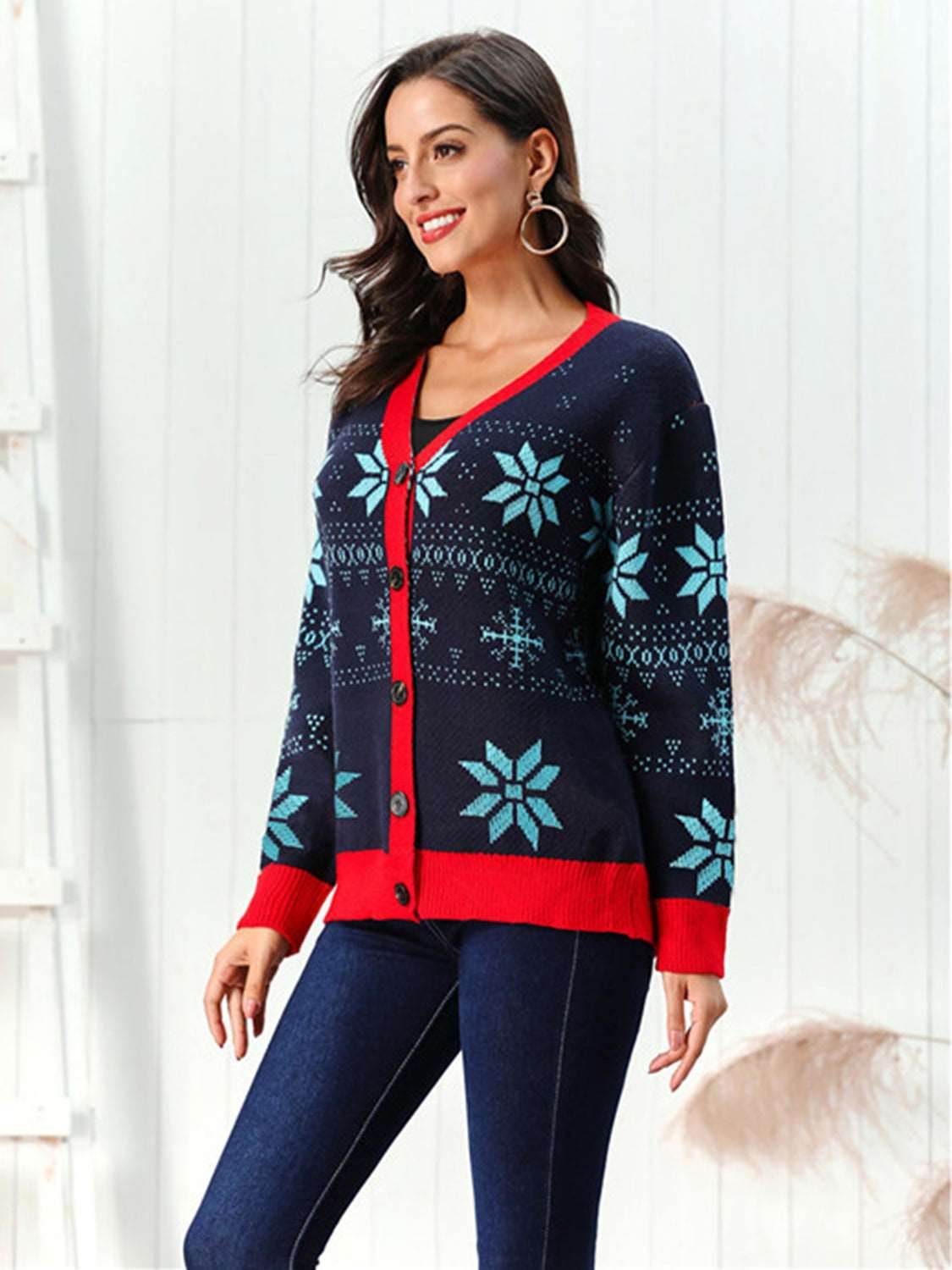 Snowflake Pattern Button Down Cardigan - Delanoir