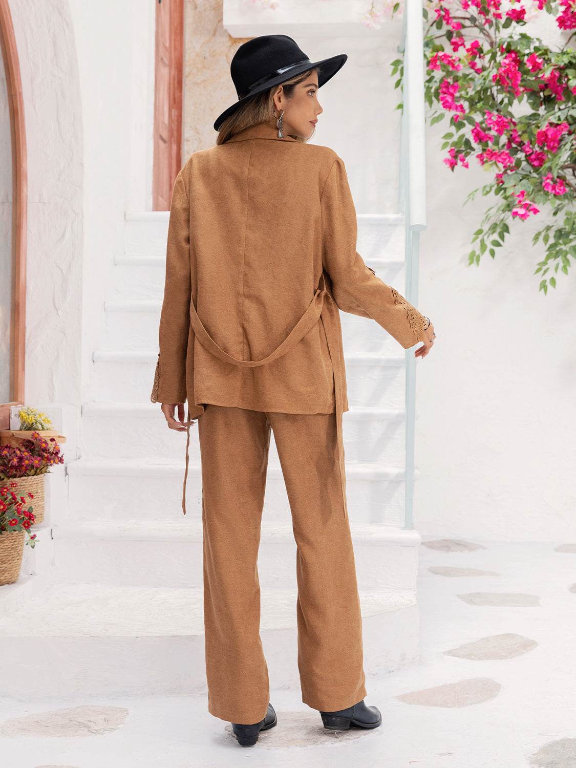 Lace Detail Collared Neck Top and Pants Set - Delanoir