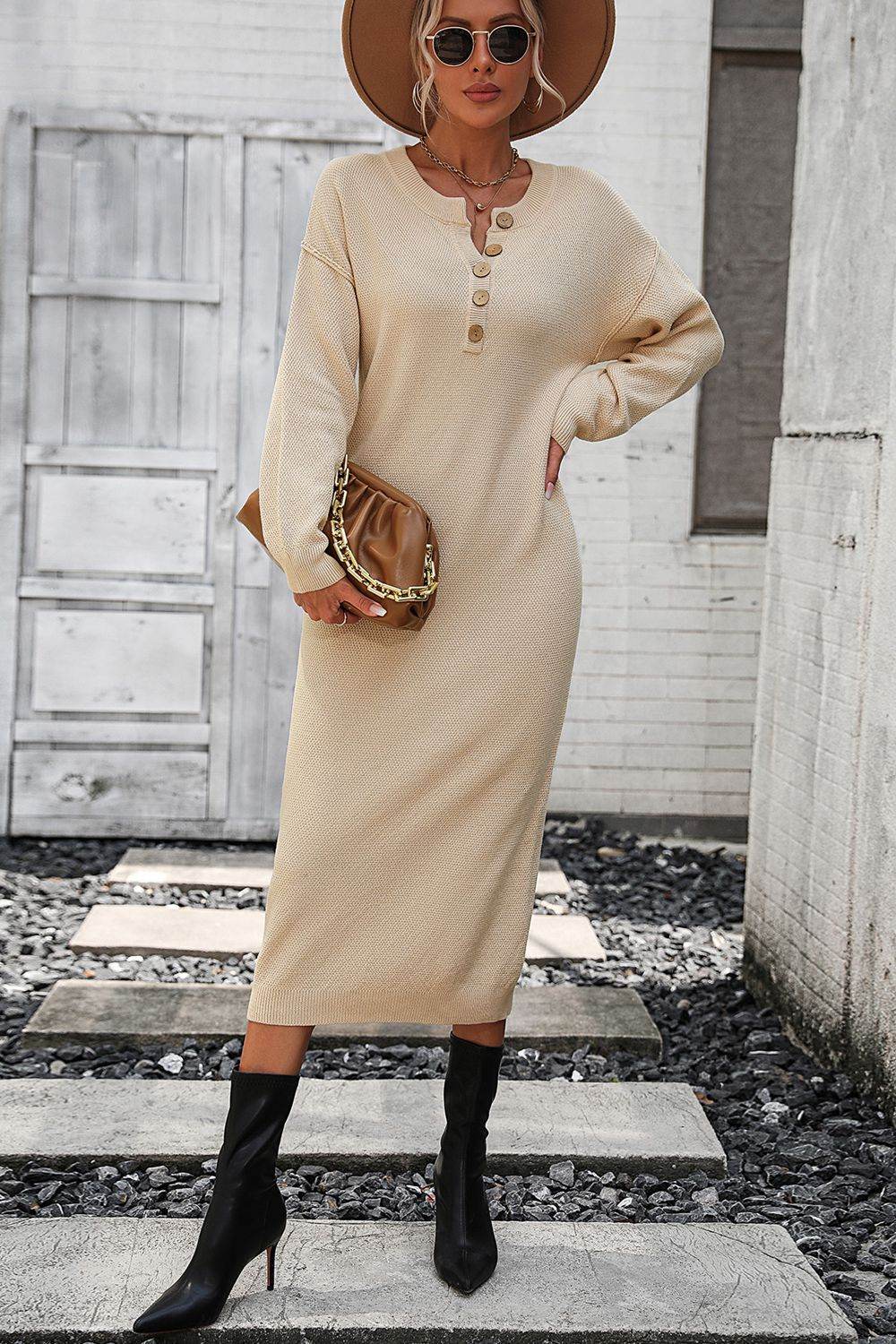 Decorative Button Notched Dropped Shoulder Sweater Dress - Delanoir