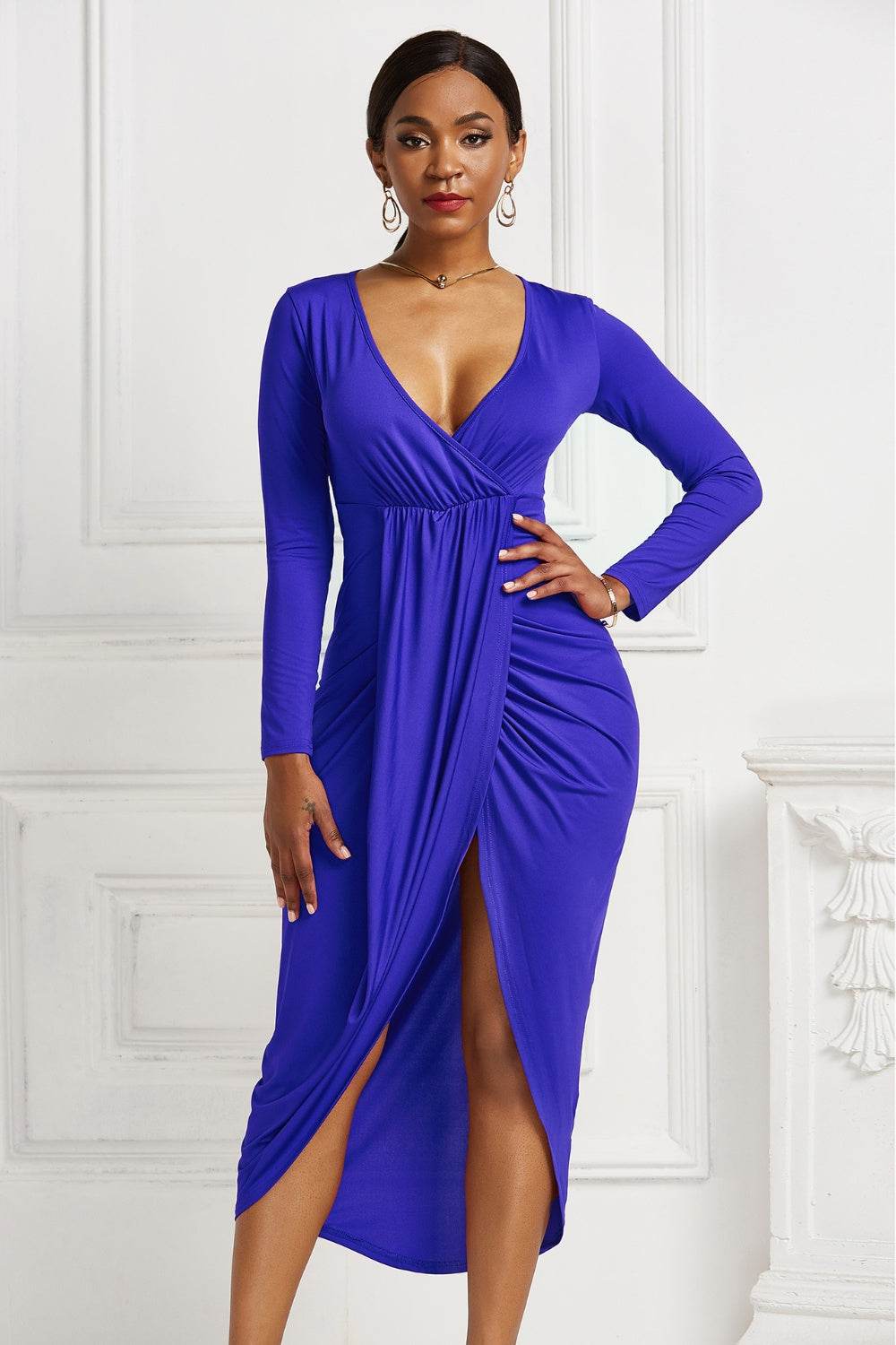High-low Ruched Surplice Long Sleeve Dress - Delanoir