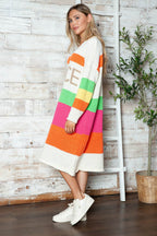 Color Block V-Neck Long Sleeve Sweater Dress - Delanoir