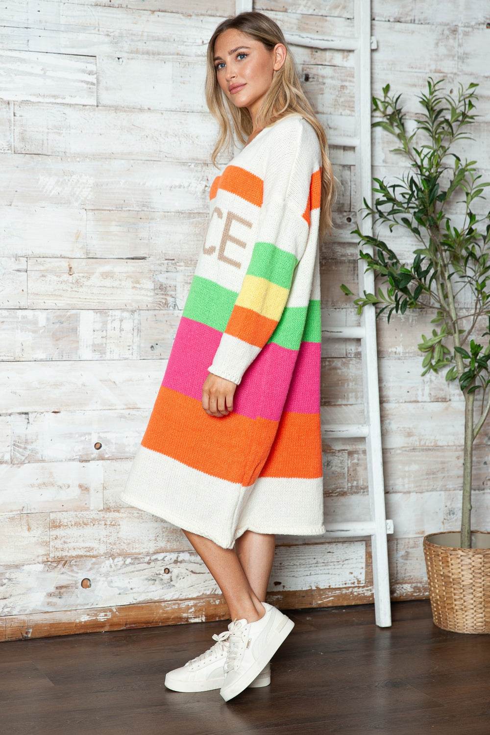 Color Block V-Neck Long Sleeve Sweater Dress - Delanoir