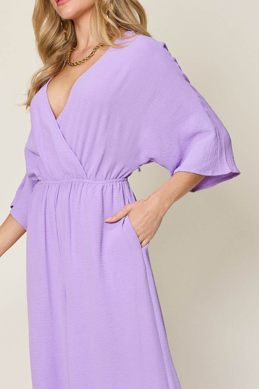 Double Take Full Size Surplice Wide Leg Jumpsuit with Pockets - Delanoir