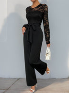 Perfee Lace Round Neck Long Sleeve Jumpsuit - Delanoir
