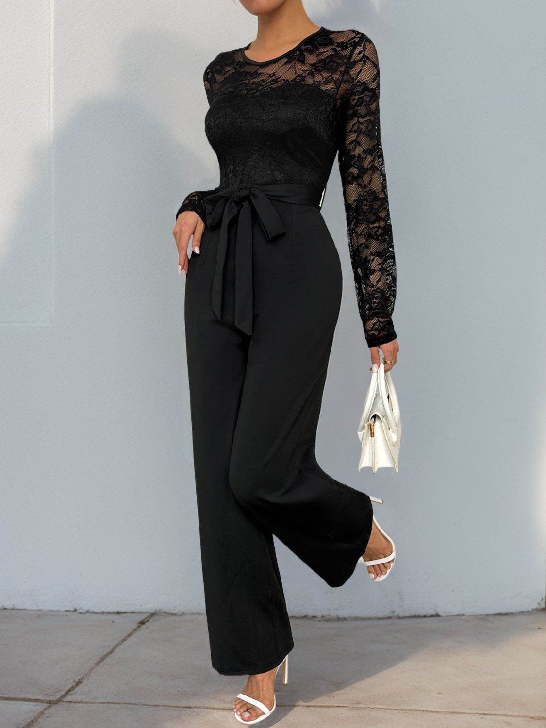 Perfee Lace Round Neck Long Sleeve Jumpsuit - Delanoir