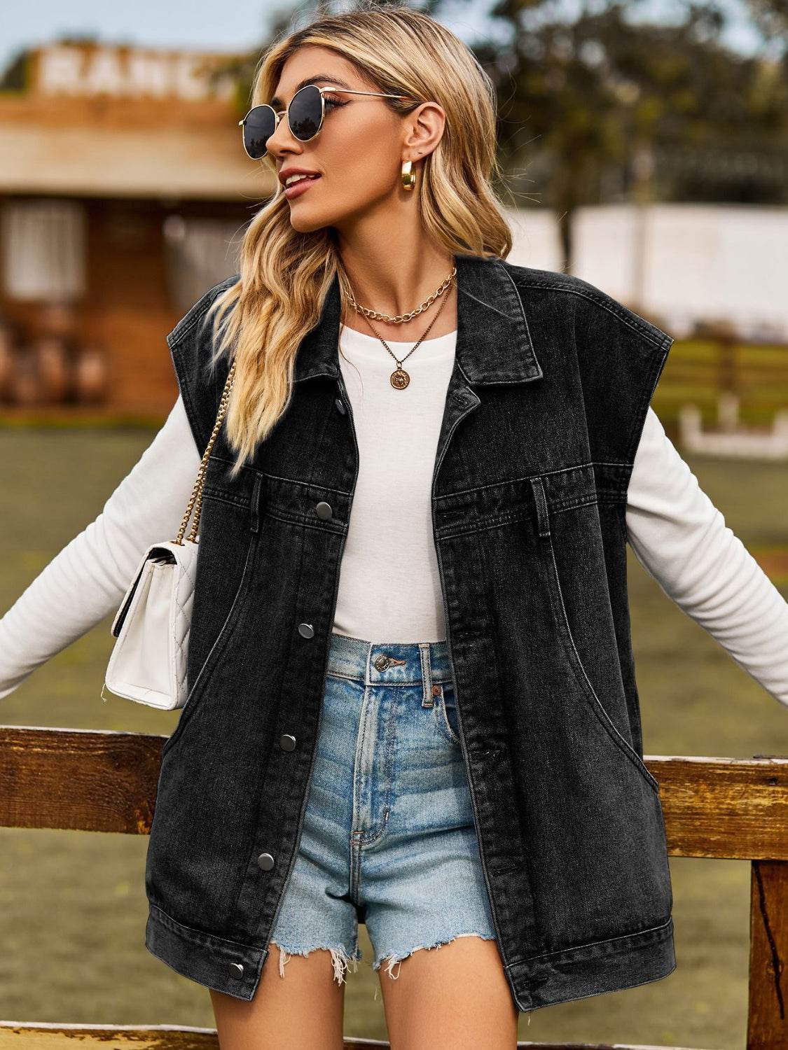 Button Up Collared Neck Sleeveless Denim Jacket - Delanoir