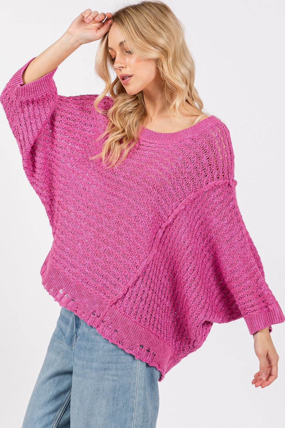 SAGE + FIG Distressed Asymmetrical Open Stitch Sweater - Delanoir