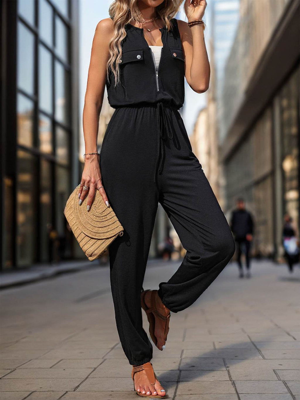 Perfee Half Zip Sleeveless Jumpsuit with Pockets - Delanoir