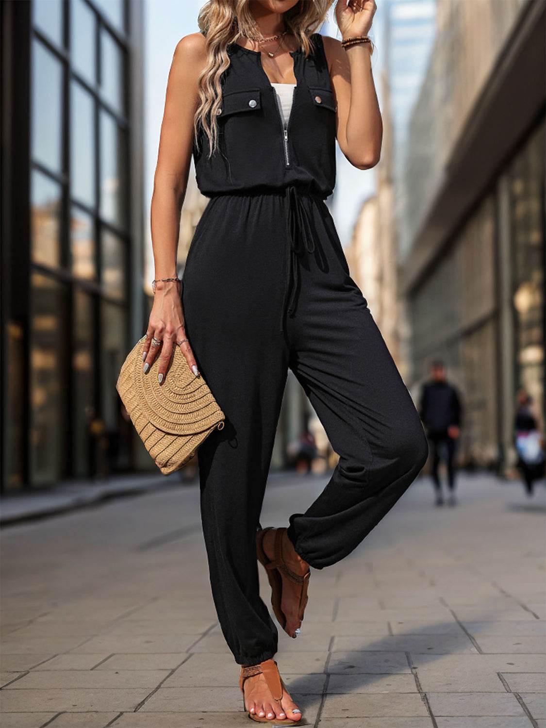 Perfee Half Zip Sleeveless Jumpsuit with Pockets - Delanoir