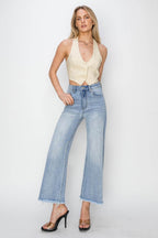 RISEN High Rise Crop Wide Fray Hem Jeans - Delanoir