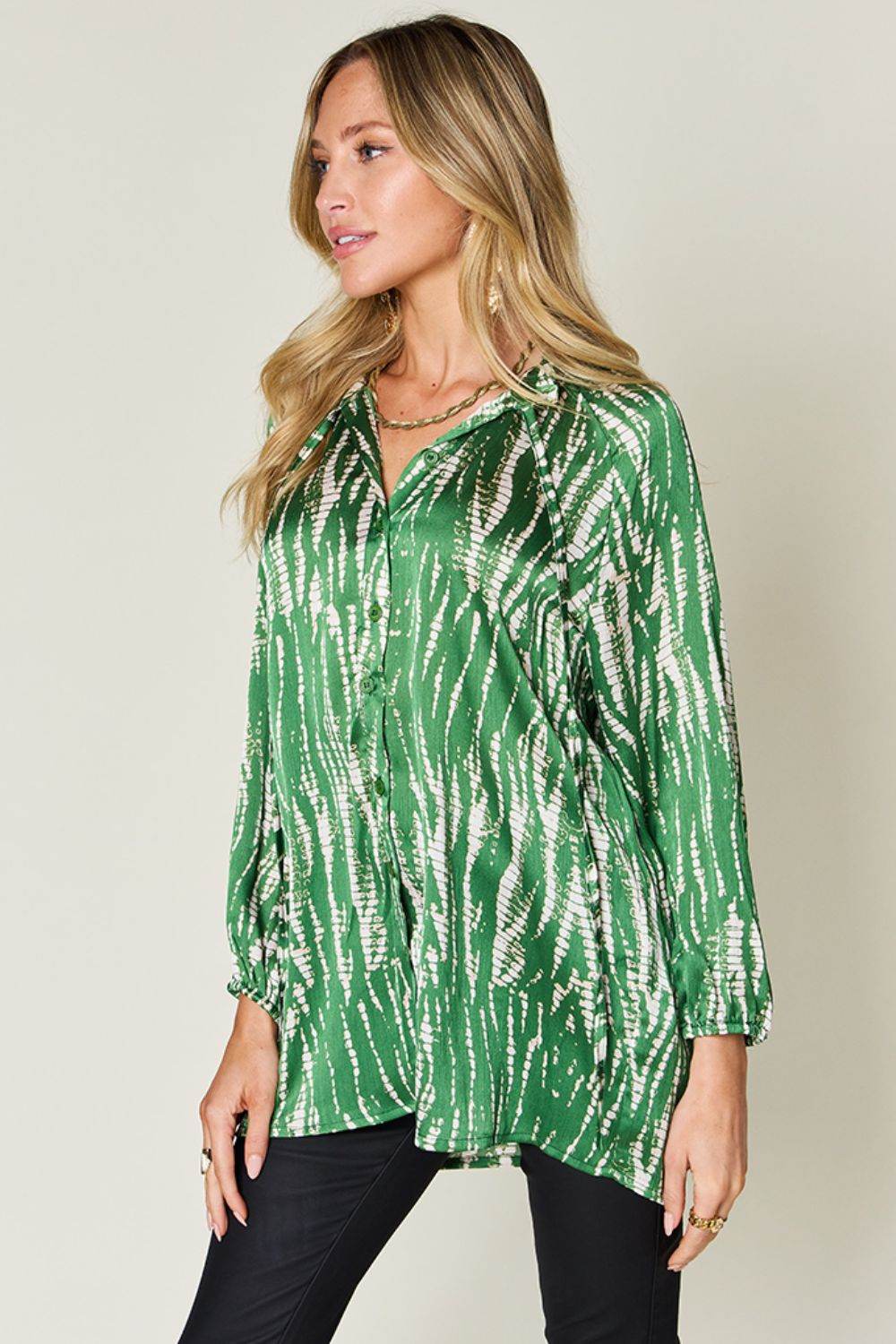 Double Take Full Size Printed Button Up Long Sleeve Shirt - Delanoir