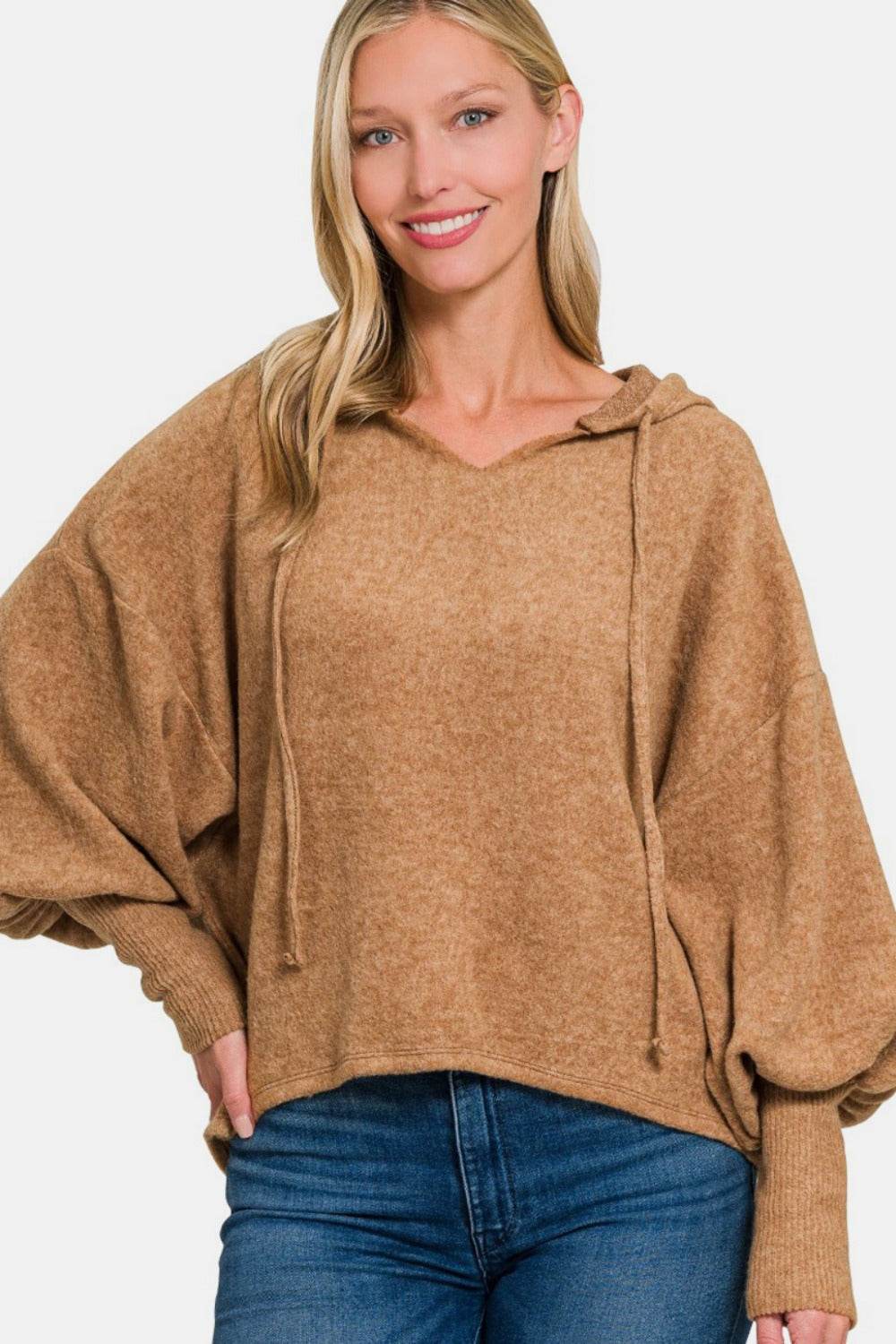 Zenana Brushed Hacci Drop Shoulder Cropped Hoodie - Delanoir