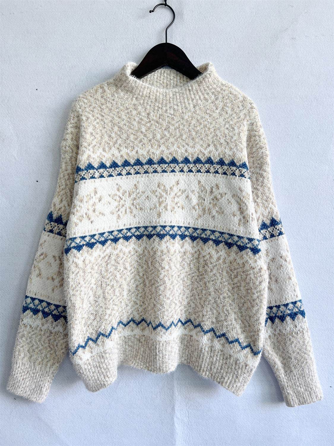 Geometric Mock Neck Dropped Shoulder Sweater - Delanoir