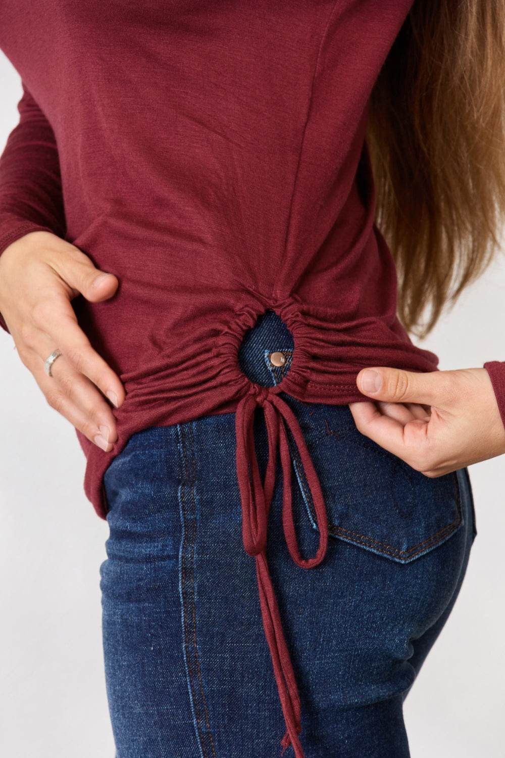 Culture Code Full Size Drawstring Round Neck Long Sleeve Top - Delanoir
