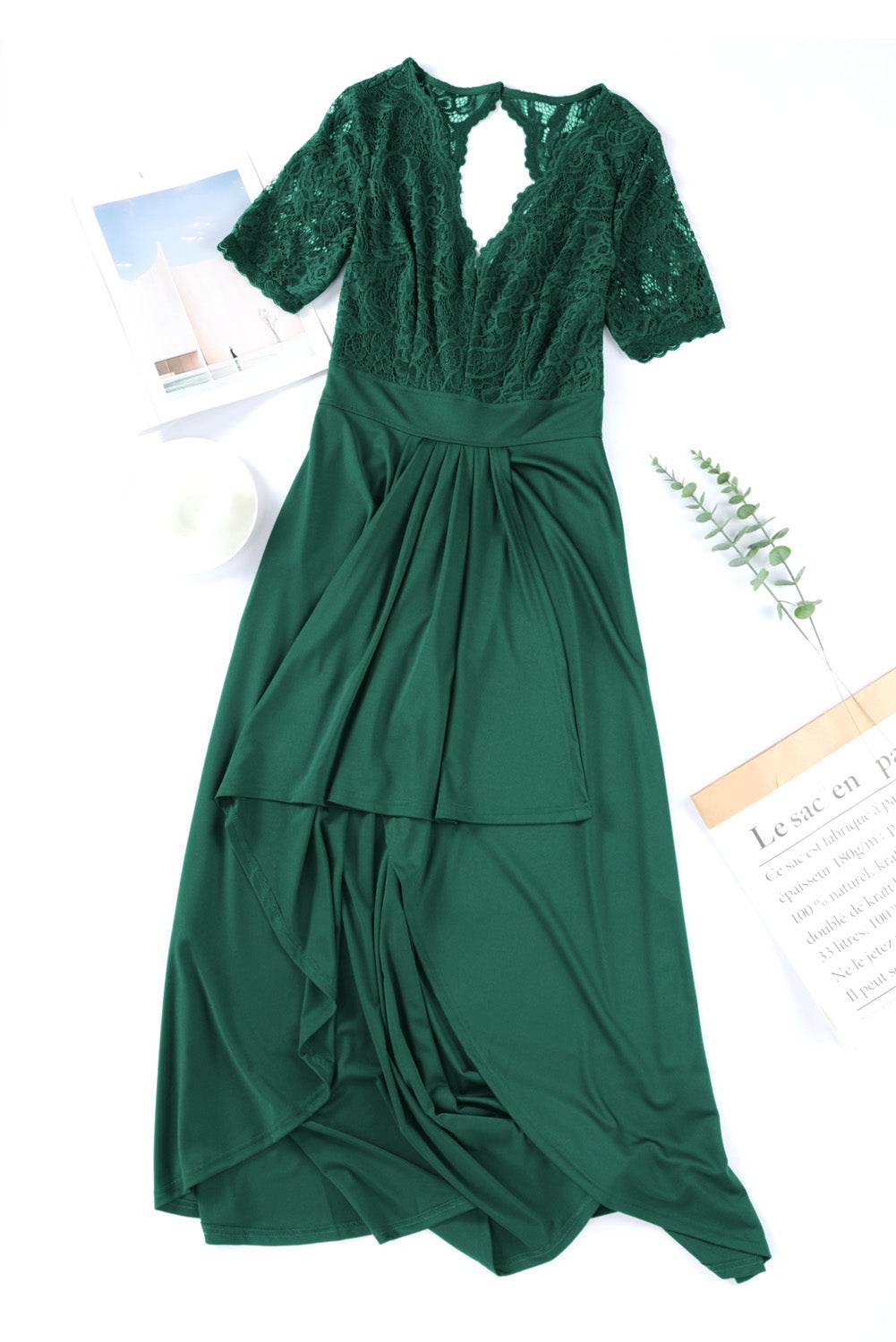 Lace Cutout V-Neck Short Sleeve Dress - Delanoir